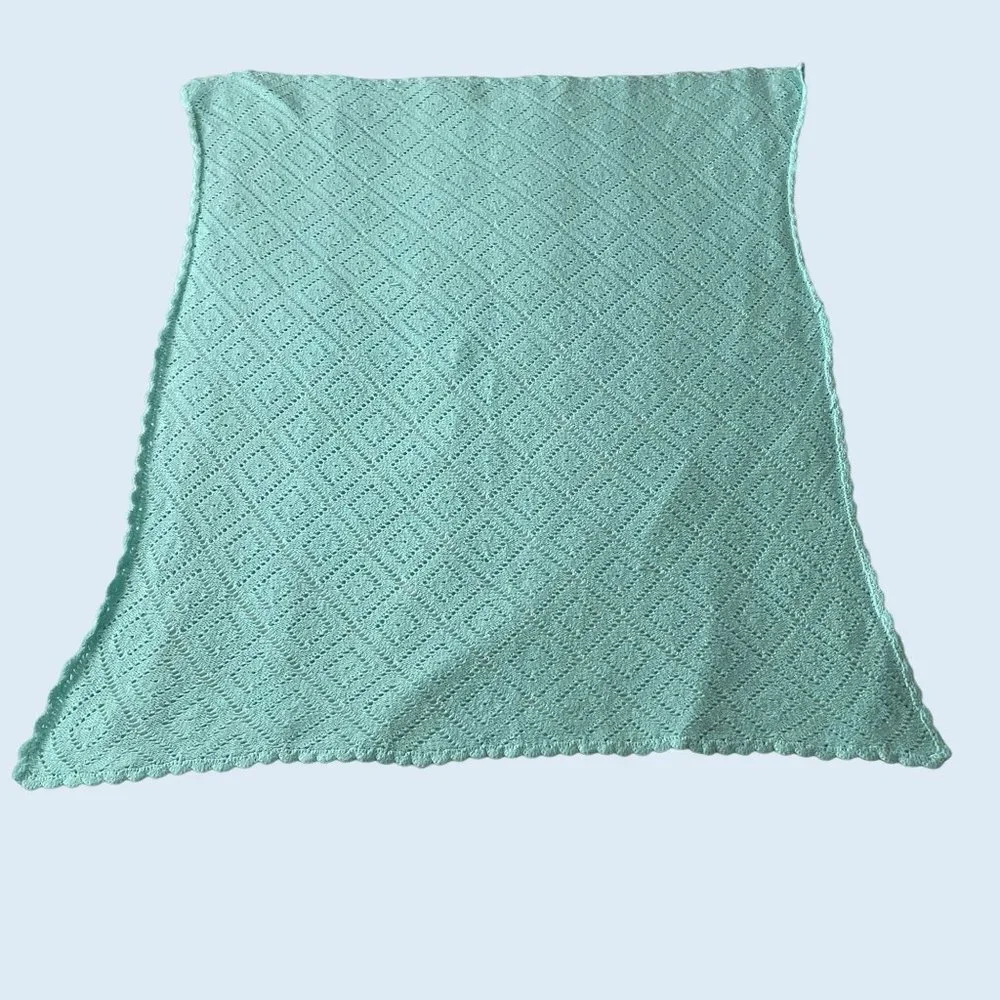 Handmade Baby Blanket Crocheted Throw Blue Mint Diamond Pattern Lightweight